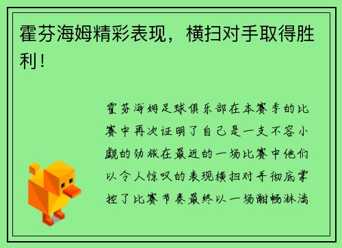 霍芬海姆精彩表现，横扫对手取得胜利！